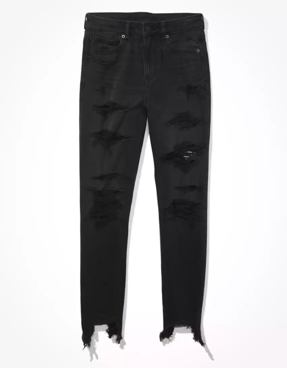 Jean American Eagle AE Strigid Ripped Mom Noir Femme | KDI-09375505